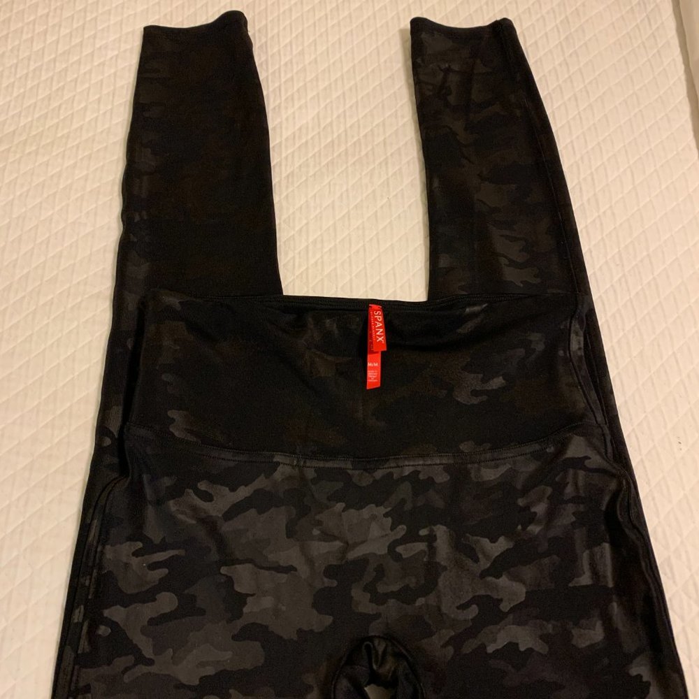 SPANX Faux Leather Black Camo Leggings